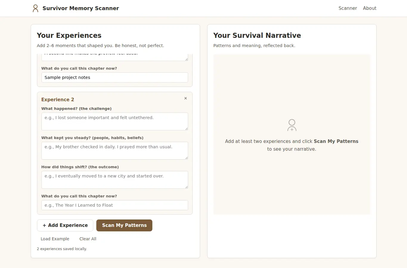 Screenshot of Survivor Memory Scanner interface showing the project page in use